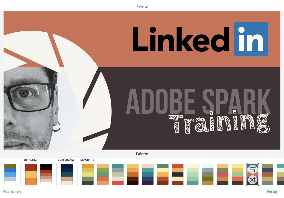 Adobe Spark schlägt passende Farbpaletten vor. Man braucht nur zu wählen. 