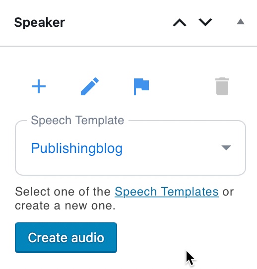 Auf dem Bild sieht man die Settings von Speaker, wie sie sich im Editor von WordPress präsentieren. 