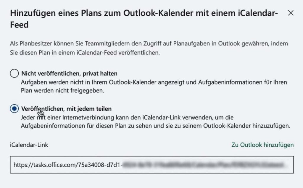 Das Bild zeigt den Einstellungsdialog in Microsoft Planner, mit dem man einen Kalender-Feed einrichten kann.